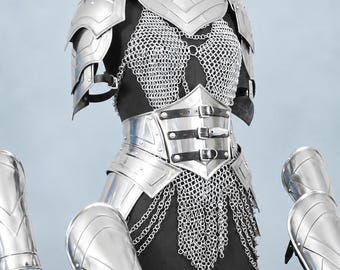 Conjunto de armadura medieval de caballero para mujer: coraza de acero con cota de malla para LARP femenino, armadura de bikini para cosplay.