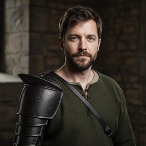 May include: A man wearing a dark green tunic and black shoulder armor. The armor is made of layered metal plates. A black leather strap crosses the chest. The background is a stone wall with a window.