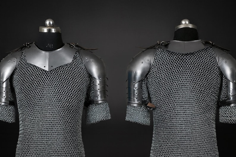 Men's Medieval Knight Armor Set: Steel Gorget Pauldron, Chainmail Shirt, LARP Cosplay Gorget Pouldorns