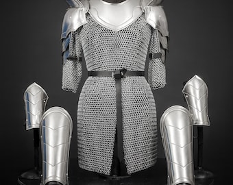 Handmade Women’s Chainmail Armor Set with Steel Pauldrons, Medieval Knight Costume LARP, Cosplay