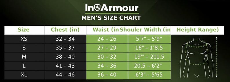 May include: A size chart for In Armour men's clothing. The chart includes sizes XS to XL, with chest measurements from 32 to 46 inches, waist measurements from 24 to 40 inches, shoulder width, and height ranges from 5'7" to 6'5".