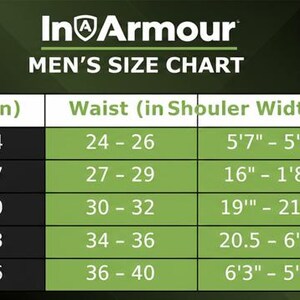 May include: A size chart for men's apparel, with measurements in inches. The chart includes sizes XS to XL, detailing chest, waist, shoulder width, and height ranges. The In Armour logo is at the top.