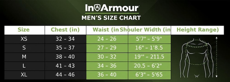 May include: A size chart for men's apparel, with measurements in inches. The chart includes sizes XS to XL, detailing chest, waist, shoulder width, and height ranges. The In Armour logo is at the top.