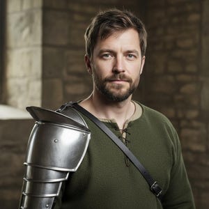 May include: A man wearing a green tunic and a silver shoulder pauldron. The pauldron is made of layered metal plates and is attached to a black leather strap. The background is a stone wall.