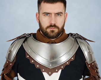 Men's Gorget with Leather Spaulders Knight Steel:, LARP Armor Set LARP, Cosplay Costume Armour