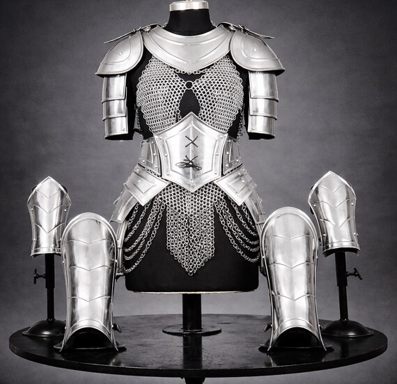 Handmade Lady Knight Steel Armor Set, Elven Corset, Bracers, Pauldrons LARP, Cosplay