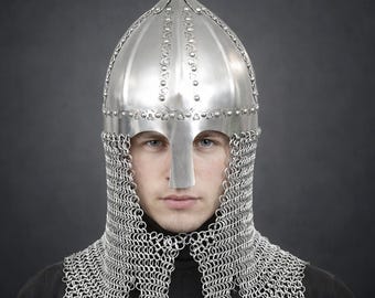 Casco de caballero vikingo normando para hombre con cota de malla: armadura de guerrero nórdico medieval para LARP y cosplay.