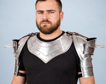 Men’s Warrior Shoulder Guards with Steel Neck Armor, Medieval Renaissance Knight LARP Costume