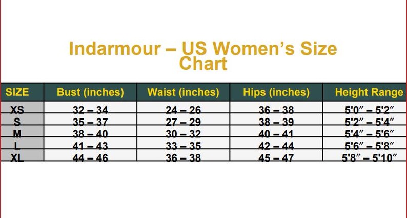 May include: A size chart for Indarmour US Women's clothing, with bust, waist, hips, and height measurements in inches. Sizes range from XS to XL, with bust measurements from 32 to 46 inches.