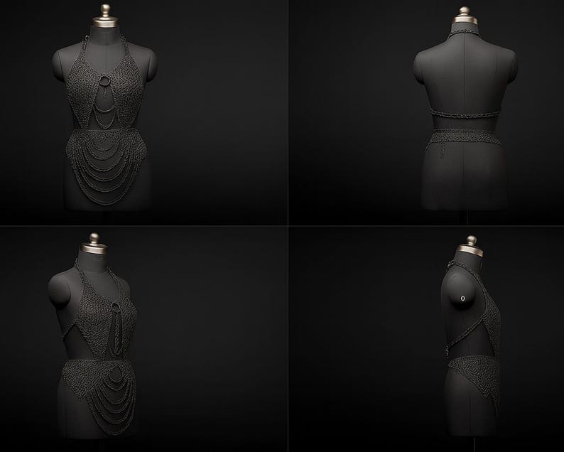 Puede incluir: Un conjunto de top y falda de cota de malla negra con dise&ntilde;o de cuello halter y un anillo circular en el pecho. La prenda est&aacute; construida con peque&ntilde;os eslabones met&aacute;licos entrelazados, con m&uacute;ltiples capas de cadenas drapeadas en la cintura.
