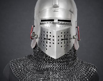 Men's Knight Houndskull Bascinet Helmet: Medieval Steel Knight Armor, Chainmail Aventail, LARP Cosplay