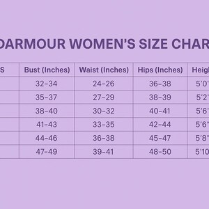 May include: A size chart for women's clothing, with bust, waist, and hip measurements in inches. The chart includes sizes XS to XXL, with corresponding height ranges from 5'0" to 6'0". The text "INDARMOUR WOMEN'S SIZE CHART" is at the top.