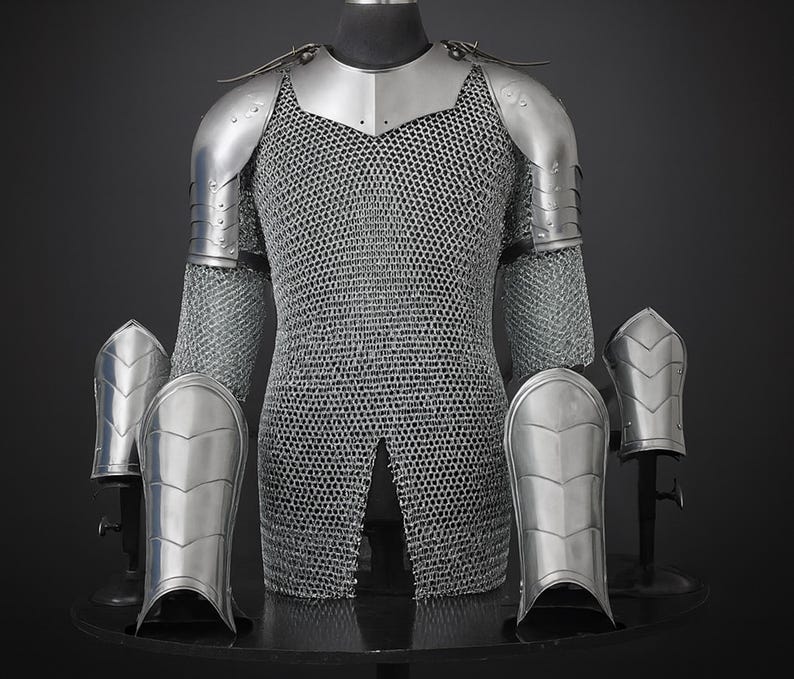 Men's Medieval Knight Armor Set: Steel Gorget Pauldron, Chainmail Shirt, LARP Cosplay All items