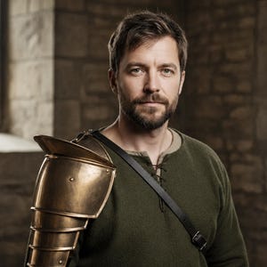 May include: A man wearing a bronze shoulder armor piece and a dark green tunic. The armor is made of overlapping plates and is attached to a black leather strap. The man has a beard and is looking at the camera.