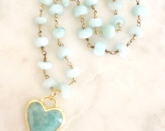 Handmade Aquamarine Beaded Necklace with Turquoise Heart Pendant