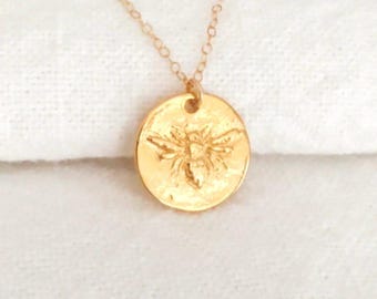 Gold Bee Necklace: Vermeil Coin Pendant, Dainty Jewelry