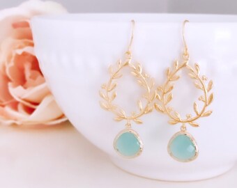 Gold Laurel Wreath Earrings: Mint Blue Glass, Bridesmaid Jewelry