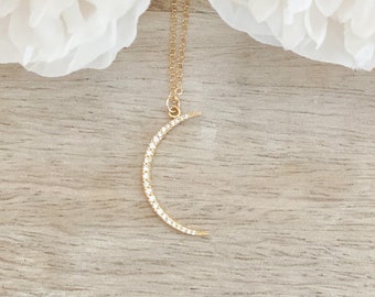 Dainty 14k Gold Filled Moon Necklace: Cubic Zirconia Crescent Pendant