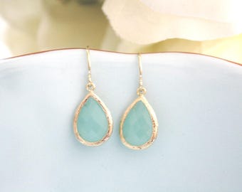 Gold Aqua Teardrop Earrings, Mint Glass, Bridesmaid Jewelry