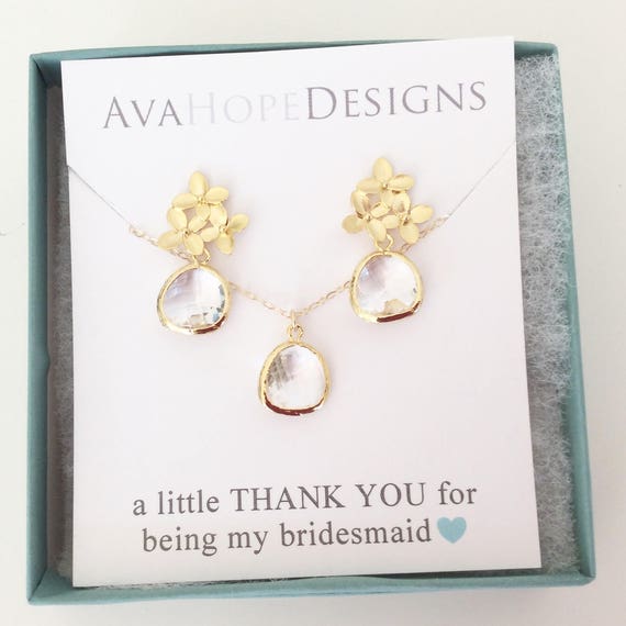 Gold Bridesmaid Jewelry Set: Crystal Flower Earrings & Necklace