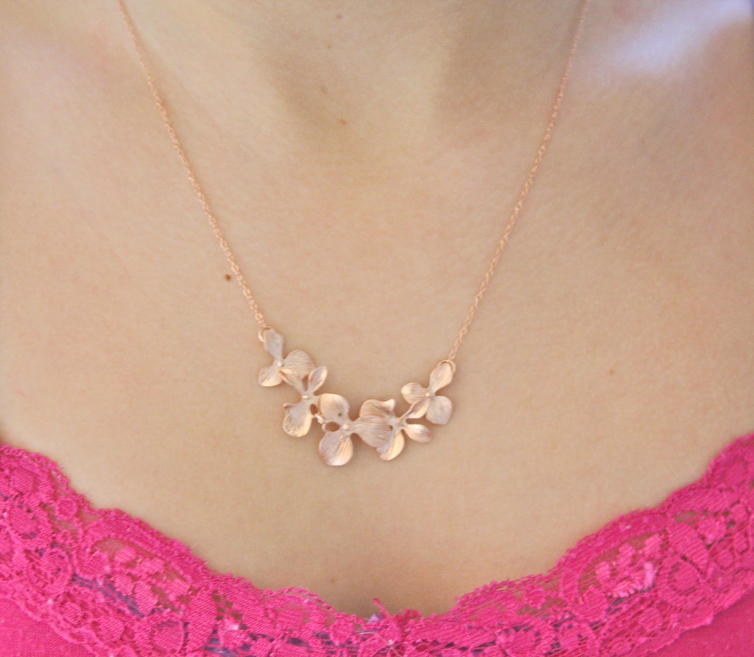 Rose Gold Necklace, Rose Gold Orchid Necklace, Dainty Gold Necklace