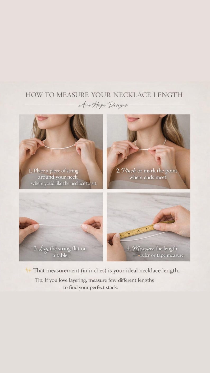 May include: An instructional graphic titled HOW TO MEASURE YOUR NECKLACE LENGTH by Ava Hope Designs. It features four steps using a white string and a yellow wooden ruler to determine necklace length in inches, with text explaining the process.