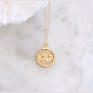 Gold Bee Necklace: Vermeil Coin Pendant, Dainty Jewelry