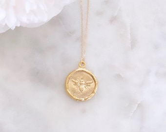 Gold Bee Necklace: Vermeil Coin Pendant, Dainty Jewelry