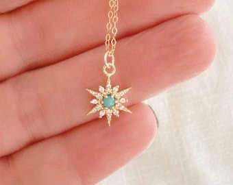 Turquoise Star Necklace, 14k Gold Filled Chain, Dainty Opal Pendant