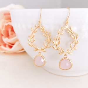Bridesmaid Gifts, pink earrings, Gifts for her, Gold Earrings, Bridesmaid Earrings, Laurel Wreath, Bridesmaids Jewelry, handmade jewelry