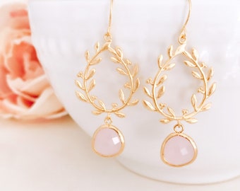 Bridesmaid Gifts, pink earrings, Gifts for her, Gold Earrings, Bridesmaid Earrings, Laurel Wreath, Bridesmaids Jewelry, handmade jewelry