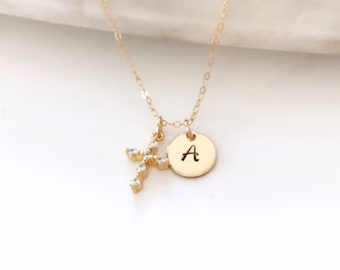CZ Cross Necklace, Gold Initial Disc, Personalized Jewelry