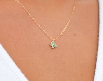 Dainty Gold Butterfly Necklace: Turquoise Micro Pave Charm
