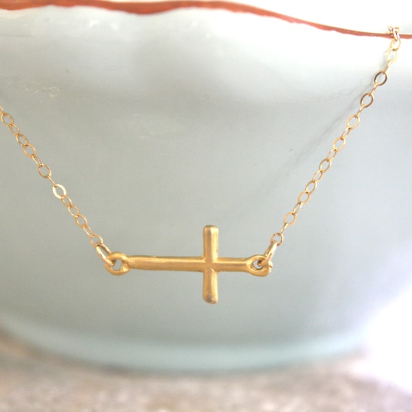 Cross necklace, sideways cross necklace, gold  necklace, dainty jewelry, gifts for her, minimalist