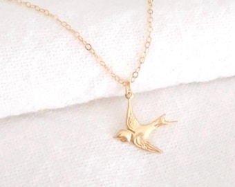 Dainty Gold Filled Bird Necklace, Soaring Sparrow