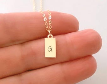 Gold Filled Initial Tag Necklace | Personalized Letter Bar Pendant