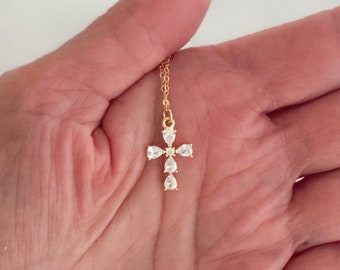 Dainty Gold Cross Necklace: CZ Religious Pendant, Confirmation Gift