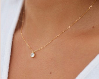 Dainty 14k Gold Filled Necklace, CZ Pendant, Simple Necklace