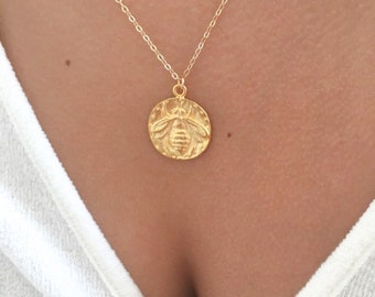 Gold Vermeil Bee Pendant Necklace, Coin Disc, Dainty Jewelry
