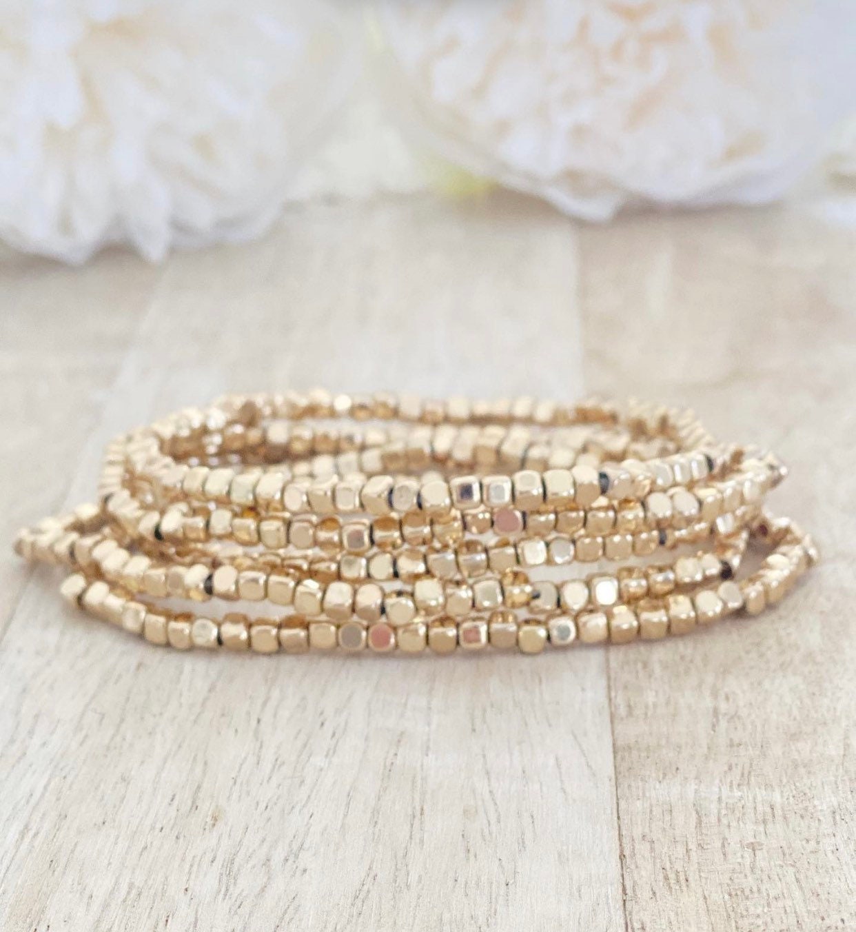 Gold Bead Stretch Bracelet: Minimalist Layering Jewelry
