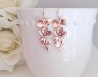 Rose Gold Orchid Earrings: Dainty Floral Drop Earrings