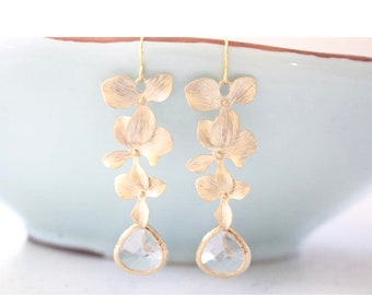 Gold Orchid Dangle Earrings: Bridal Party Jewelry