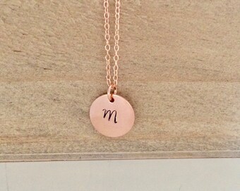 Rose Gold Initial Necklace: Dainty Personalized Disc Pendant