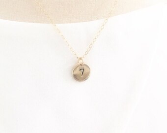 Personalized Gold Filled Number Necklace, Hand Stamped Disc