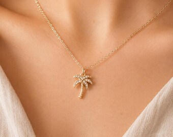 Dainty palm tree necklace, 14k gold filled