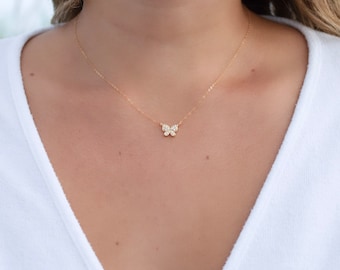 Dainty Gold Butterfly Necklace: CZ Pendant, Gold Filled Chain
