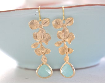 Gold Orchid Earrings: Aquamarine Glass Pendant, Bridesmaid Jewelry
