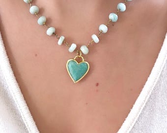 Aquamarine Beaded Necklace with Turquoise Heart Pendant