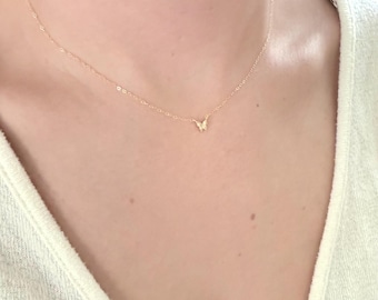 Tiny crystal butterfly necklace, delicate diamond butterfly necklace, dainty gold necklace