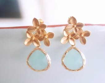 Gold Cherry Blossom Aquamarine Earrings: Bridesmaid Jewelry